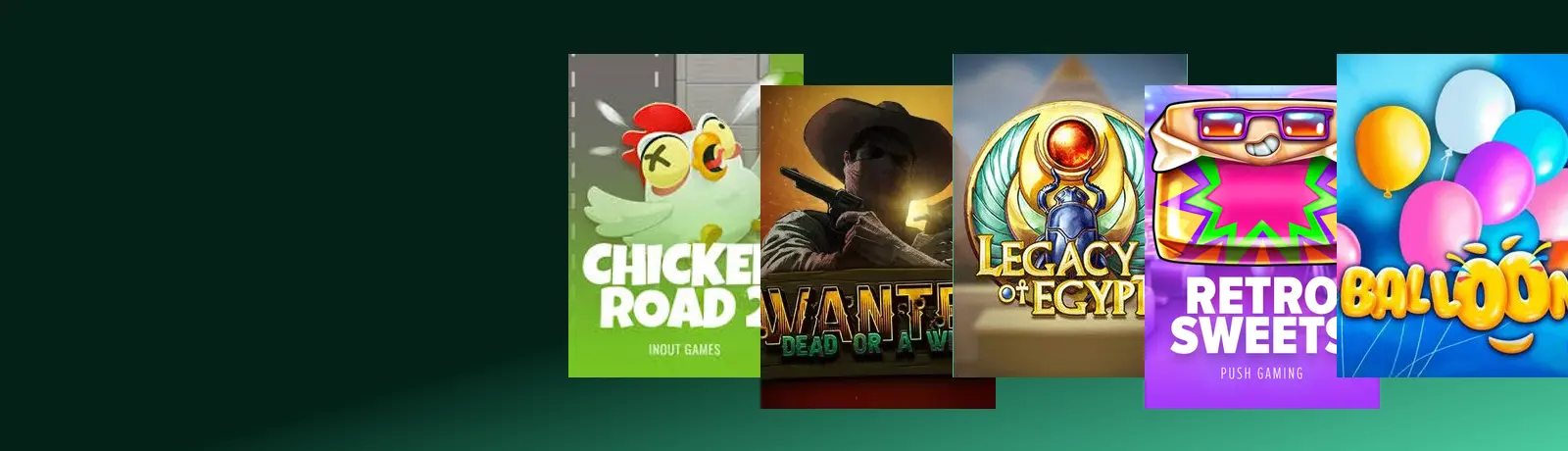 Portadas de tragamonedas Chicken Road 2, Wanted Dead or a Wild, Legacy of Egypt y Retro Sweets sobre fondo verde